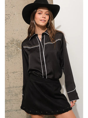 Western Contrast Piping Detail Studded Shirt Blouse - american honey
