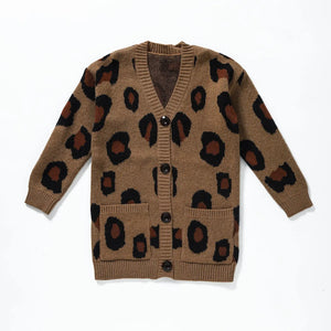 Girls Brown Cheetah Cardigan Sweater - american honey