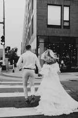 Engagement dress rental white tulle dress couple poses