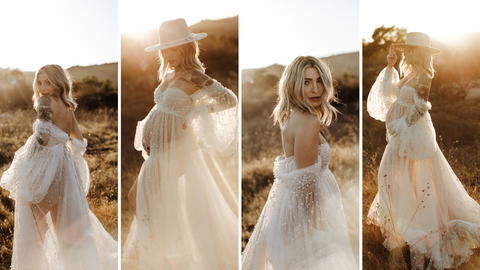 maternity photoshoot in a feild in a sheer ivory gown