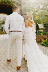Engagement dress rental white tulle dress couple poses