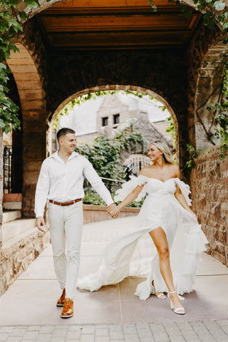 Engagement dress rental white tulle dress couple poses