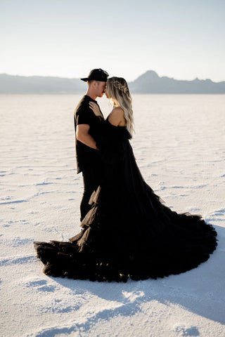 Utah elopement photographer captures couple on Salt Flats after renting a dress in Utah from Salt Gowns