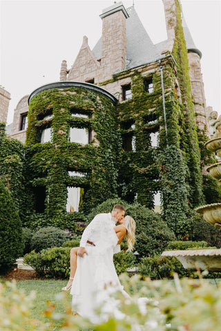 Engagement dress rental white tulle dress couple kissing