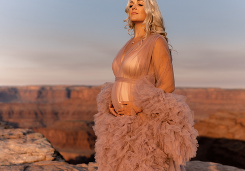 Maternity photo in southern utah in pink tulle dress, red rock cliff
