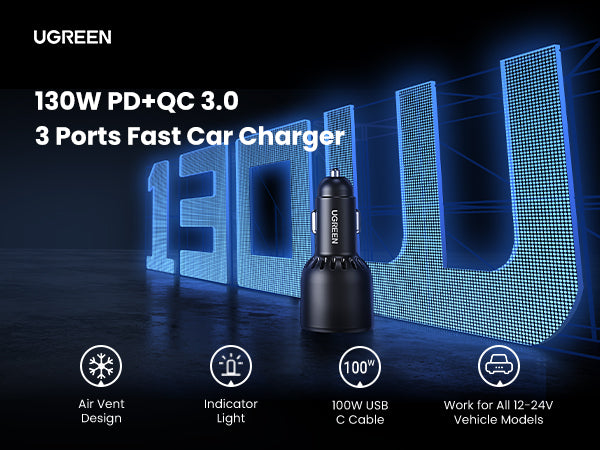 Ugreen 130W PD Car Charger 3 Ports with 100W USB-C Cable