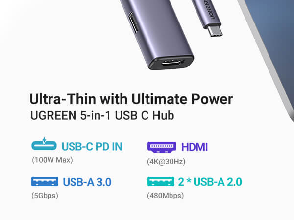 Ugreen 5-in-1 USB-C Hub (100W PD, 4K@30Hz HDMI)