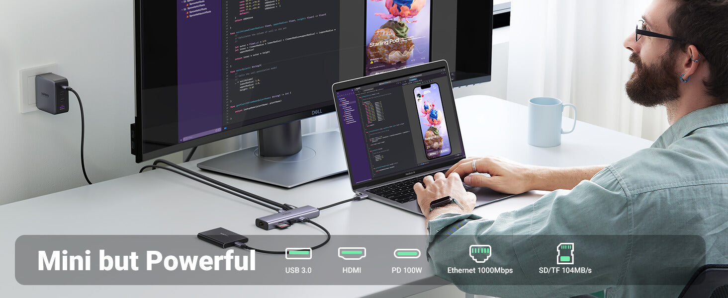 Ugreen 6-in-1 USB-C Hub (100W PD, 4K@30Hz HDMI)