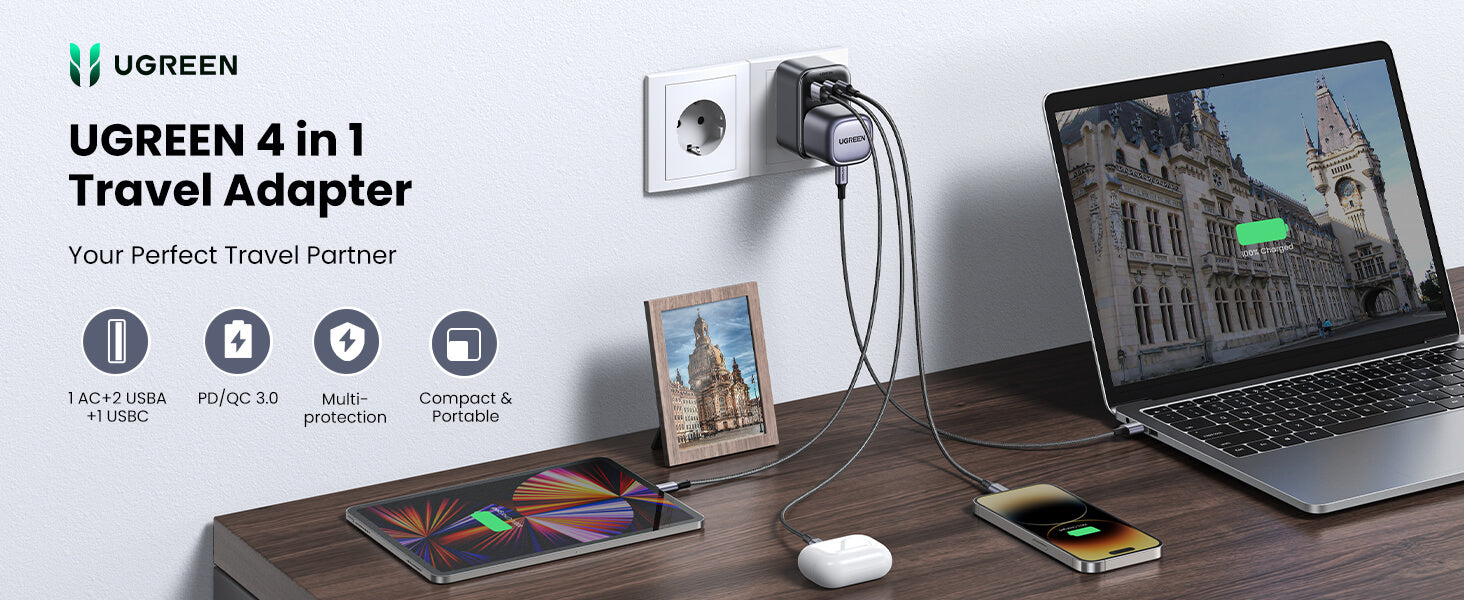 Ugreen UK to European Plug Adapter with 3-in-1 Charging Ports