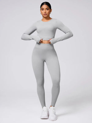 Back Crisscross Round Neck Long Sleeve Top and Leggings Active Set - SavagelySnatched