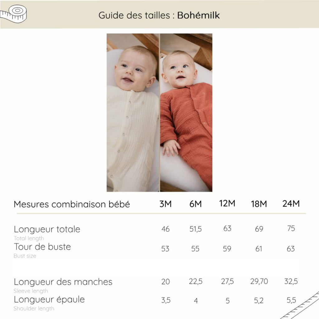 Size guide Bohémilk Baby jumpsuit