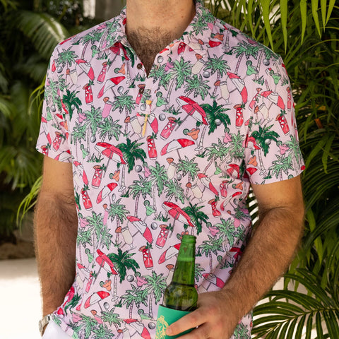 Close-up of golf pique, the golf shirt has a holiday motif