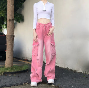 High Waist Pink Streetwear Trousers - Thekittenpark