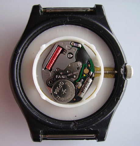 A battery powered Quartz watch movement.