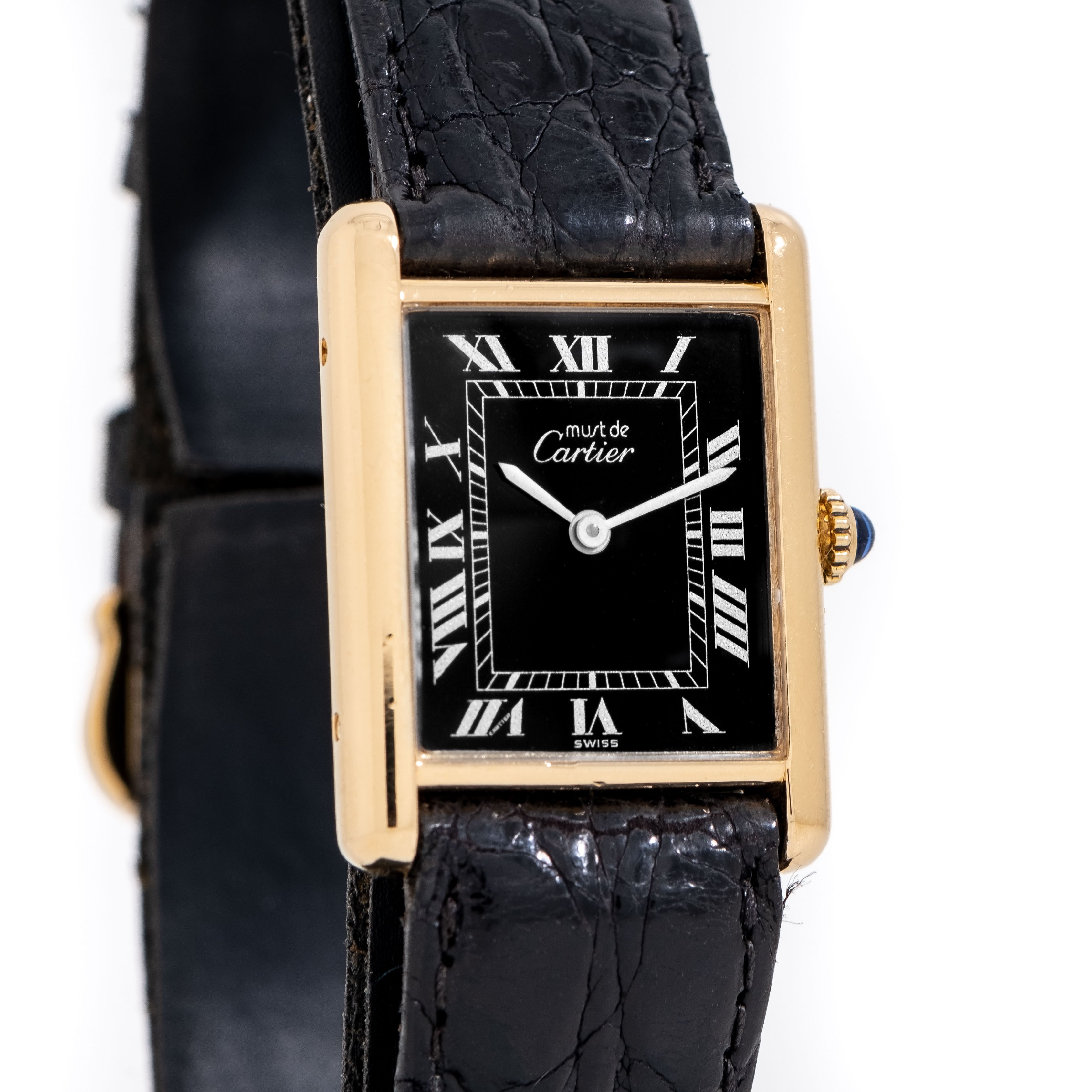 image of 1990's Vintage Cartier Must De Black Dial Men's Sized 18k Yellow Gold Plated Sterling Silver (# 149