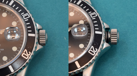 This is a patented Rolex 'Oyster' screw-down crown. At left, the crown is fully threaded in and locked to the case, it will not wind or set. At right, the crown is un-threaded and pulled to the farthest notch. The hands may then be manipulated to set the time.