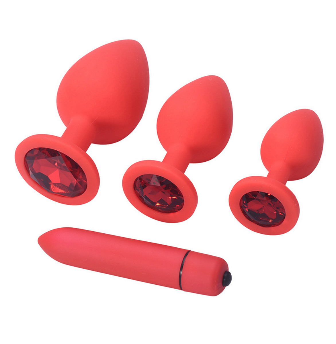 TPFSecret Juwel Analplug 4er Set mit Vibrator - mit Schmuckstein Rot - Silikon Schwarz oder Rot - Rot