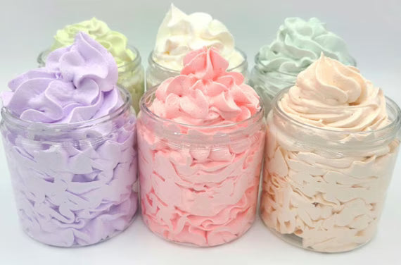 Fluffy whipped body butter in a jar, made with shea butter, avocado oil, coconut oil, beeswax, and essential oil.
