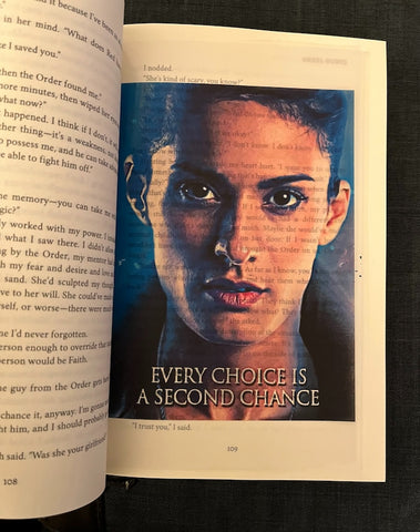 Photo of vellum insert - Night Sanchez's face with the words "Every Choice is a Second Chance"