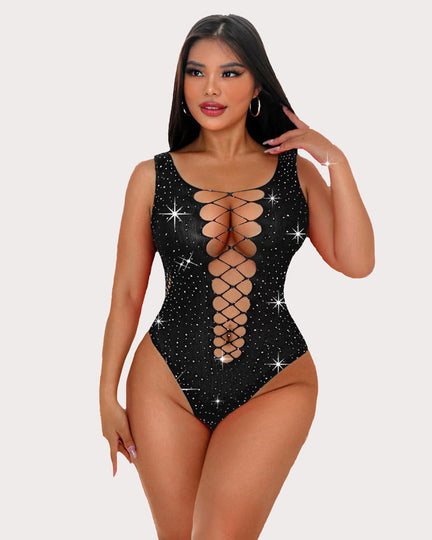 Mesh Fishnet Rhinestone Bodysuit Image 1