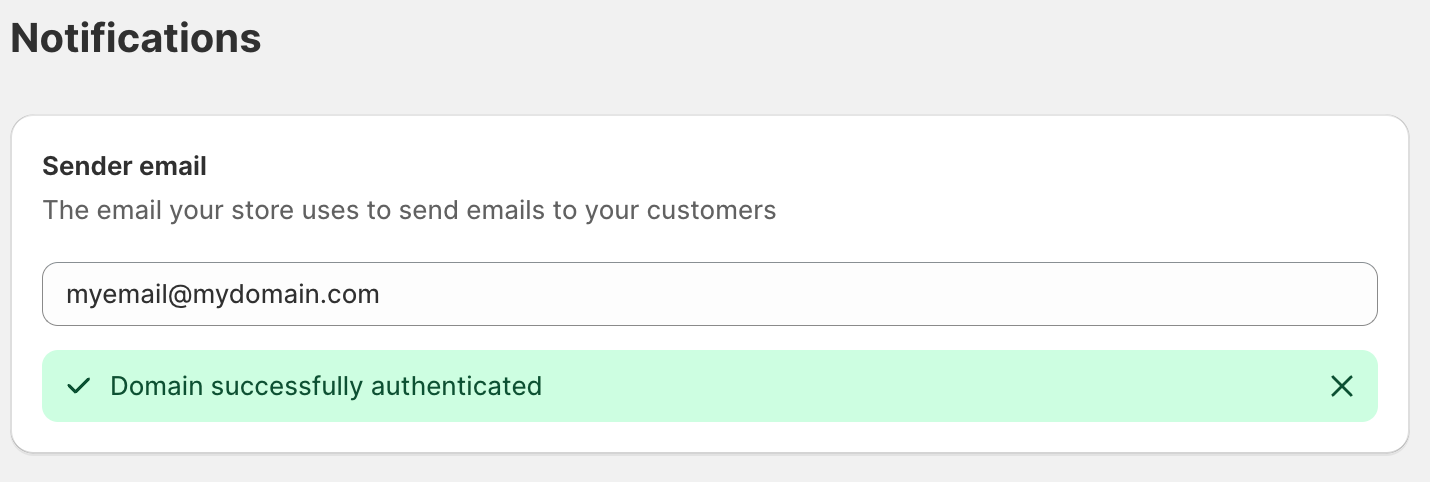 Shopify Email Domain successfully authenticated