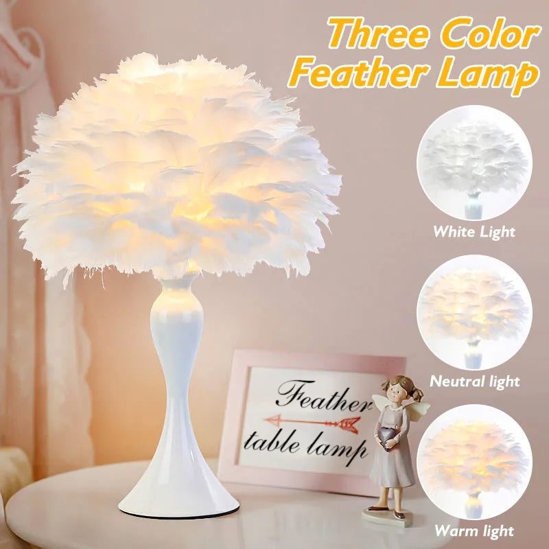 Remote Control Feather Table Lamp USB/AA Battery Power Feather Lampshade Night Light DIY Creative Warm Light Tree Bedroom Decor