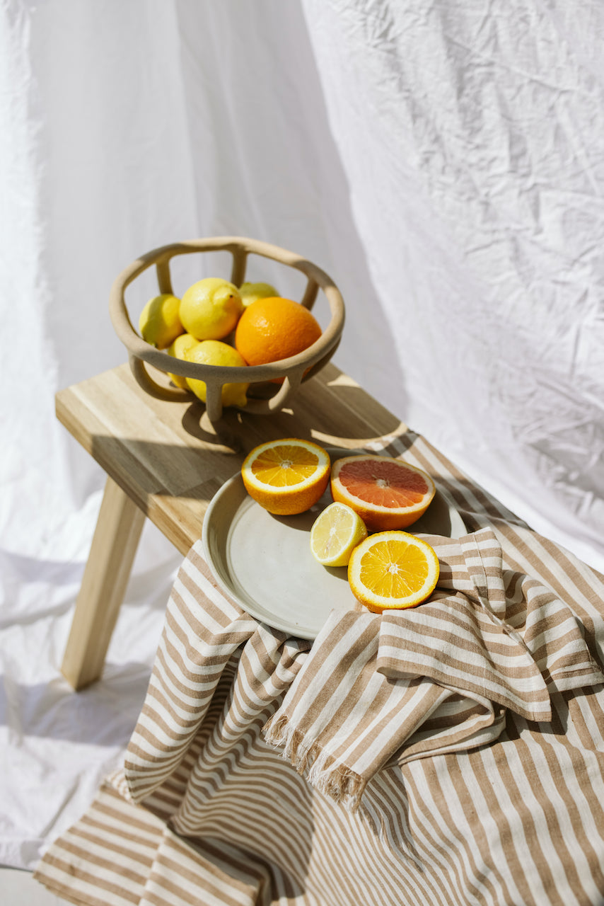 tablecloth in taupe stripe