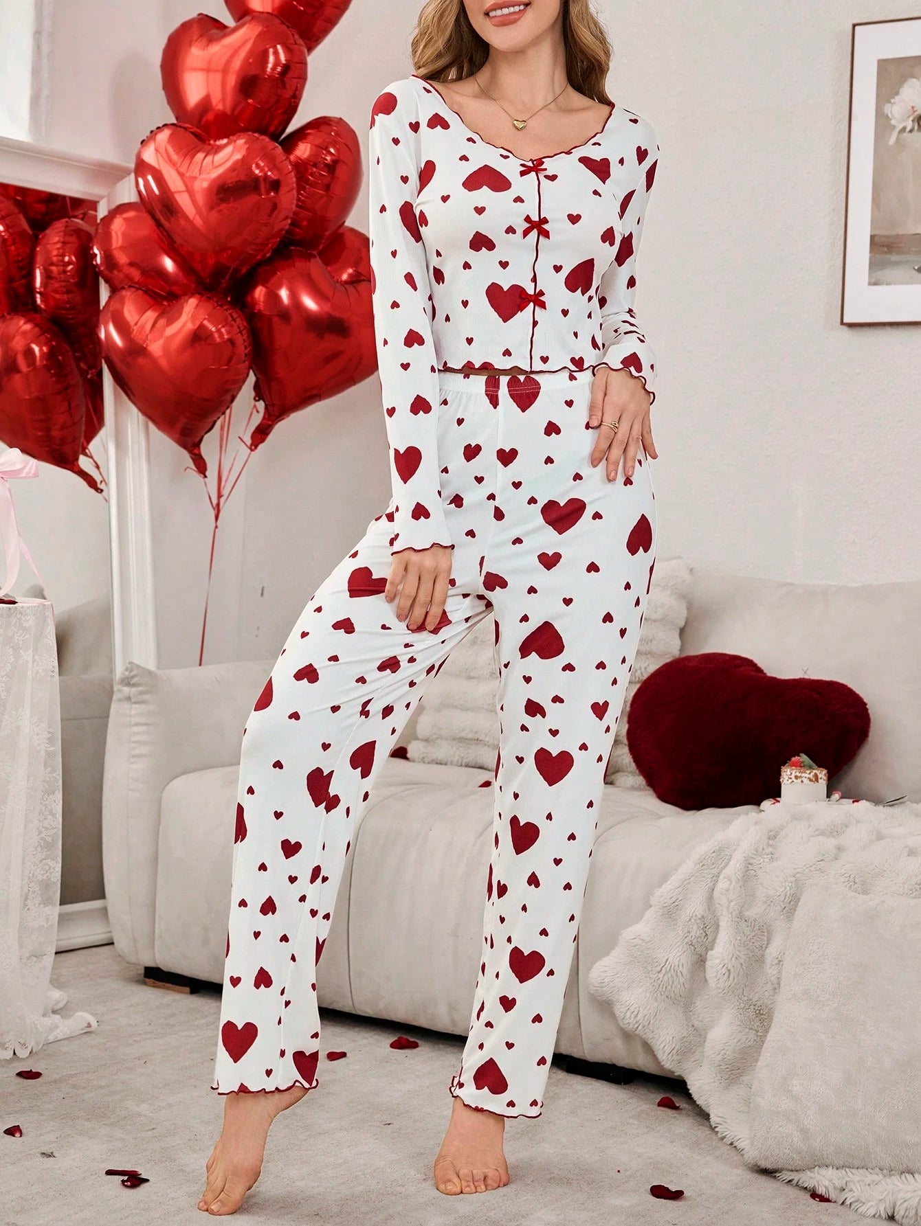 [Leve 2 Pague 1] Pijama Feminino Coração de Outono (Ideal para noites frias) + BRINDE: 1 Pantufa Nuvem Antiaderente 5