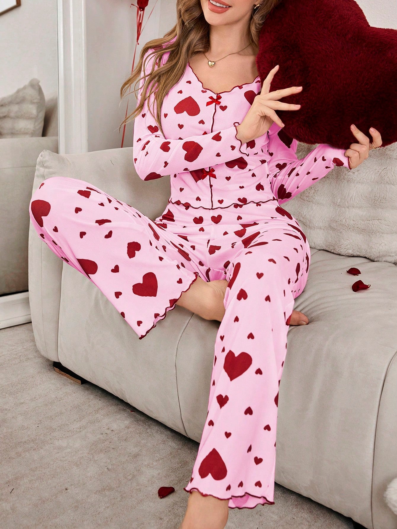 [Leve 2 Pague 1] Pijama Feminino Coração de Outono (Ideal para noites frias) + BRINDE: 1 Pantufa Nuvem Antiaderente 7