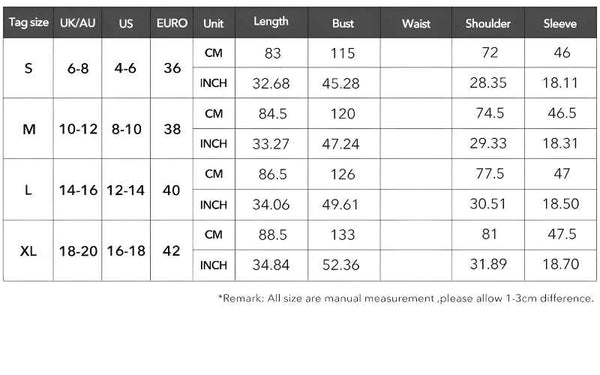 size chart for Long Sleeve Oversize Blouse Women - A.A.Y FASHION