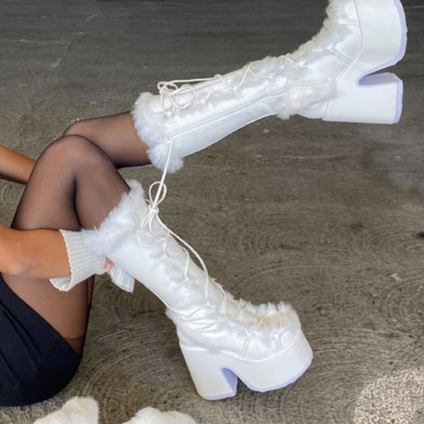 snowflake y2k winter faux fur platform boots