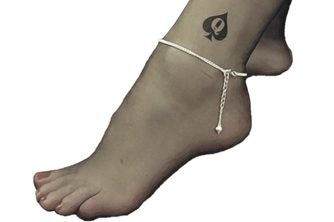 Queen Of Spade Mini Temporary Tattoo on Ankle with Anklet Under Sexy Stockings