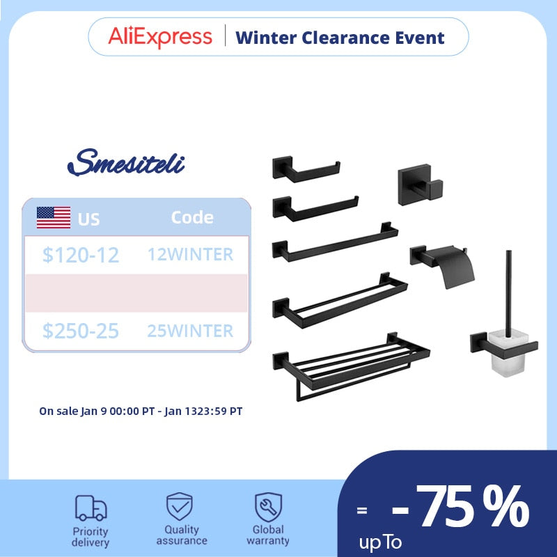 Matt Black Bathroom Hardware Set Kit Accessories Wall Shelf Towel Bar Rack Rail Robe Hanger Toilet Brush Roll Paper Holder Dish