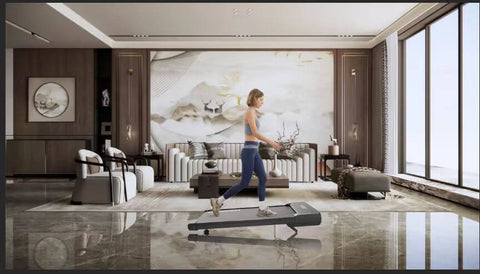 A modern interior environment featuring a person dressed in sports attire using a black treadmill in a spacious living room. The treadmill is positioned in the center of the room, with marble floors.