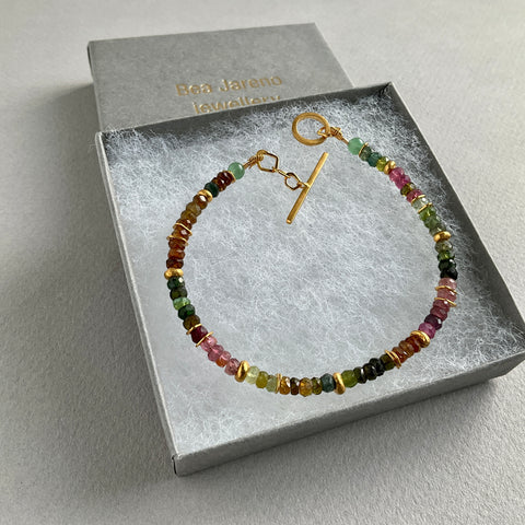 Bea Jareno Jewellery new Indian summer beaded bracelets with tourmalines in recycled 24ct yellow gold vermeil packed in one of our eco board branded boxes