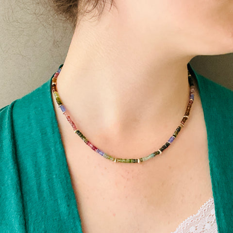 Bea Jareno Jewellery one of a kind Indian summer collection beaded necklace with tourmaline recycled 9ct yellow gold