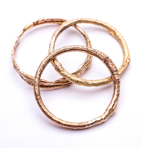 Bea Jareno Jewellery set of three rings organic textured casted from natural forms in recycled 9ct rose and yellow gold