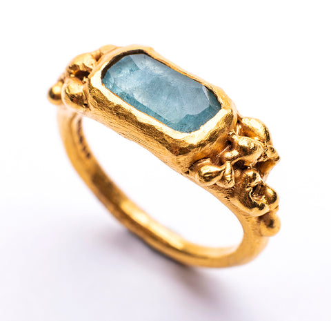 Bea Jareno Jewellery one of a kind ring from the Plethora collection with fair trade blue tourmaline gemstone recycled 24ct yellow gold vermeil