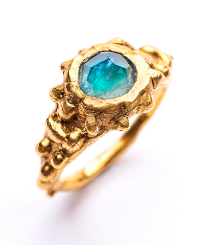 Bea Jareno Jewellery plethora collection ring with a fair trade blue tourmaline recycled 24ct yellow gold vermeil one of a kind