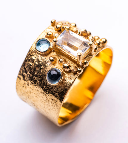 Bea Jareno Jewellery plethora collection recycled 24ct yellow gold vermeil ring with various shapes and coloured gemstones