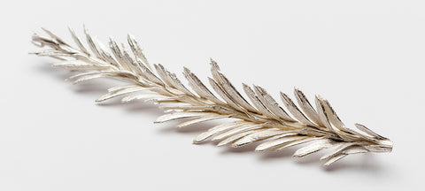 Bea Jareno Jewellery one of a kind brooch in recycled sterling silver, pine leave casted with handcrafted pin