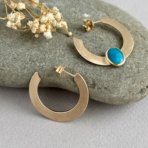 recycled large 9kt yellow gold hoops with turquoise gemstone