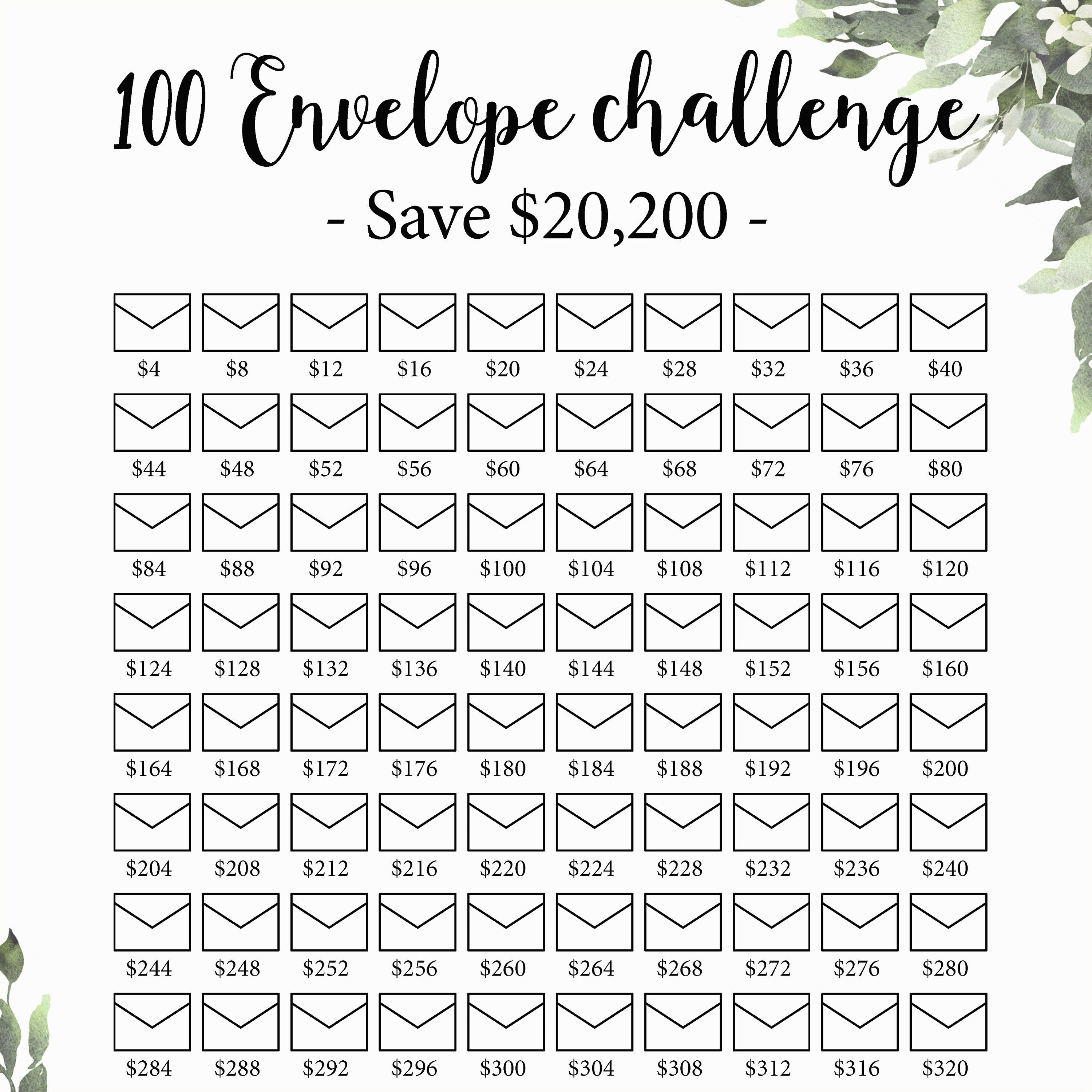 100 ENVELOPES CHALLENGE l 20 000 Saving Tracker Save 20k Printable PDF