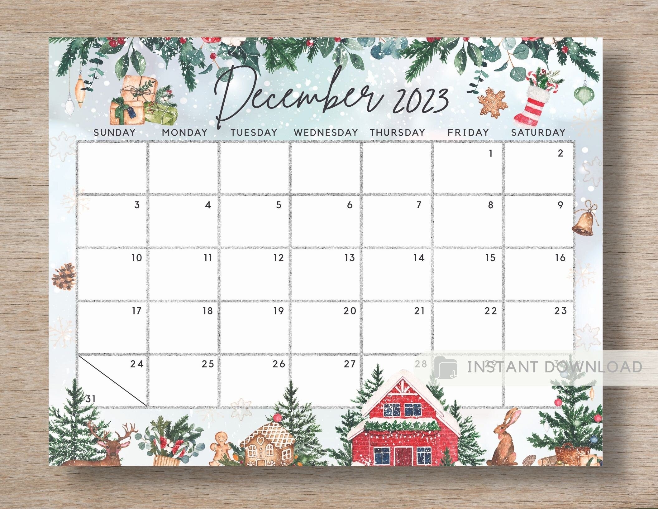 December 2023 Calendar, Beautiful Winter Scene with Leaves & Snow, Chr ...