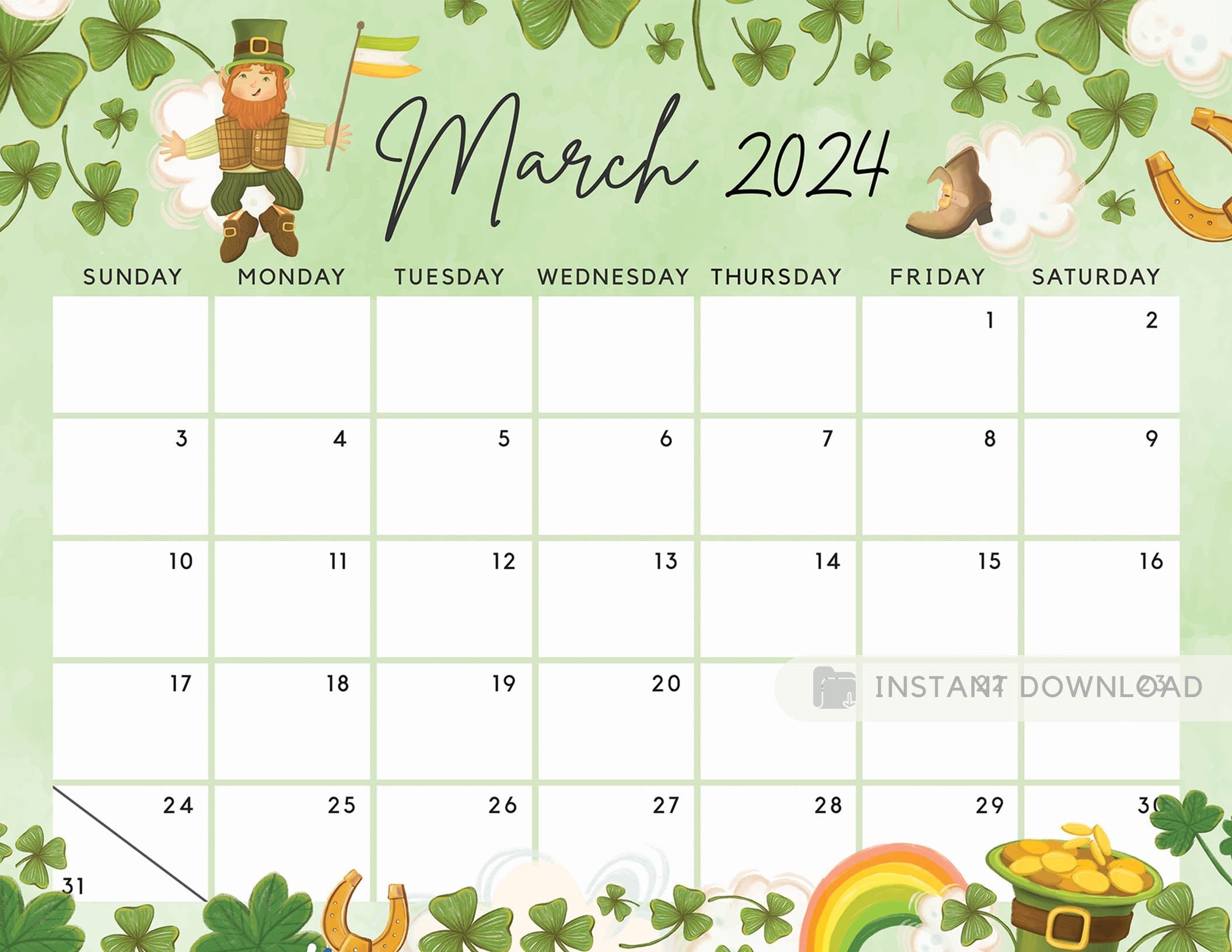 Editable March 2024 Calendar for the Lucky Month with Clovers Cute Pri ...