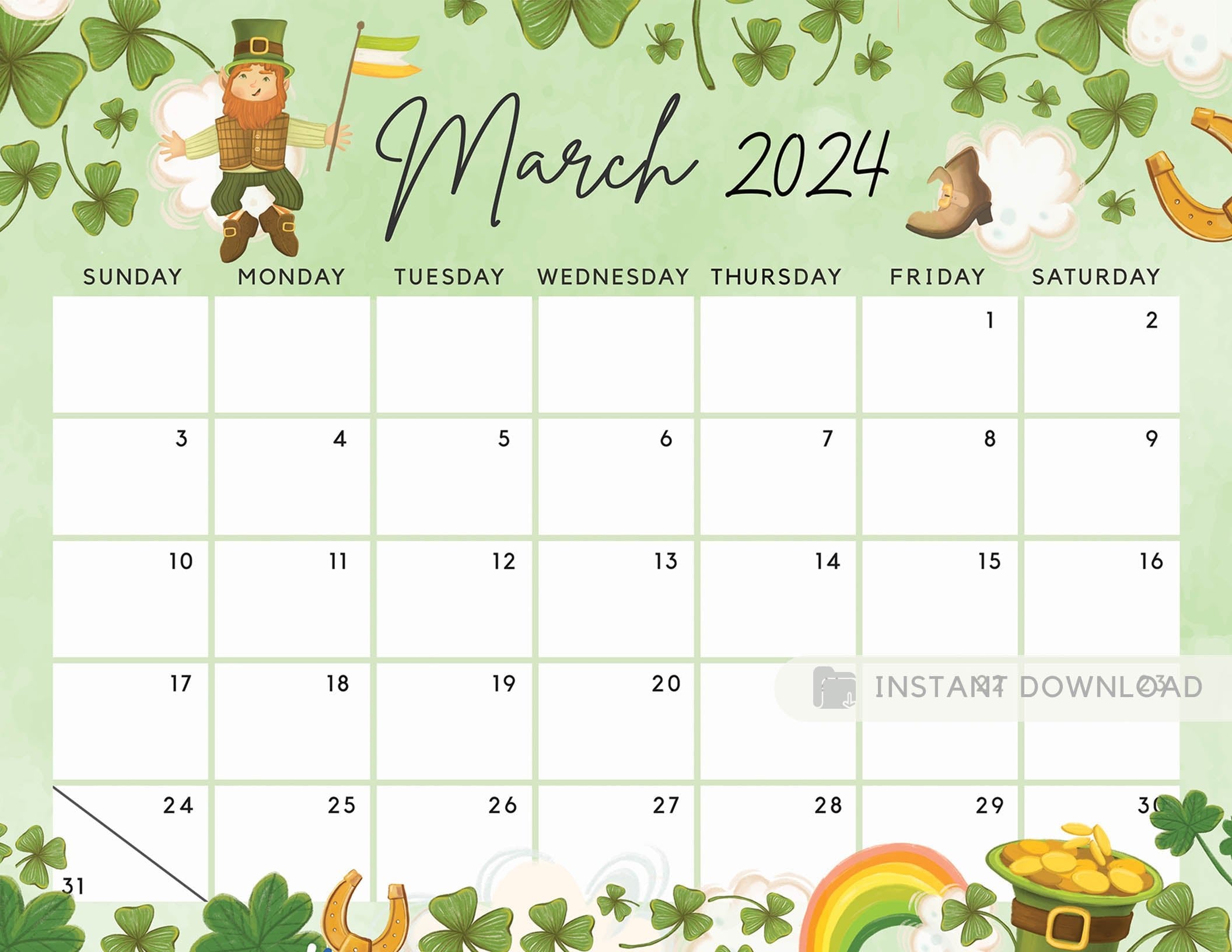 Editable March 2024 Calendar for the Lucky Month with Clovers Cute Pri