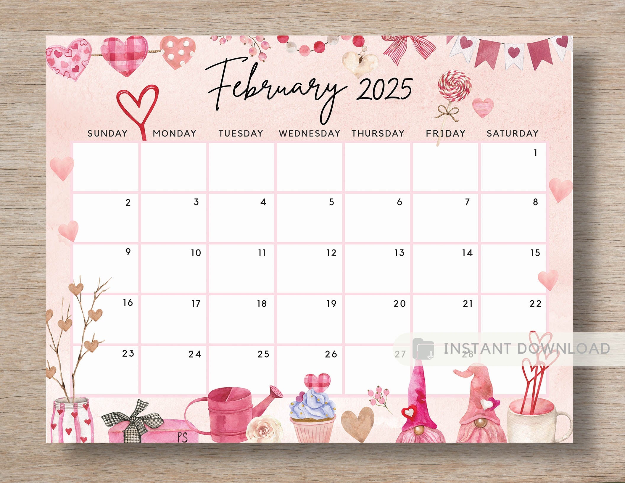 February 2025 Calendar, Lovely & Sweet Valentine's Day Gnome - Cut ...