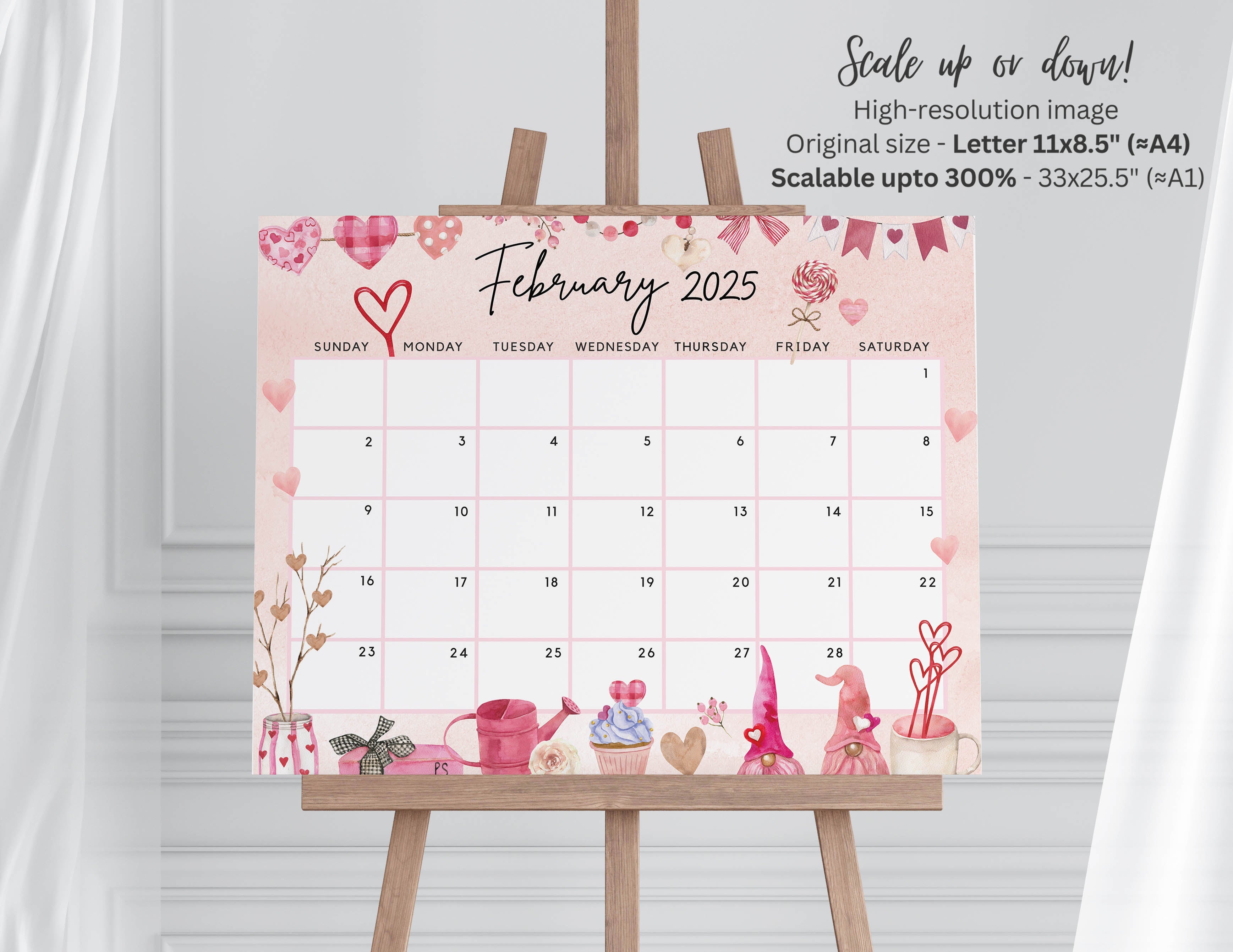 February 2025 Calendar, Lovely & Sweet Valentine's Day Gnome Cut