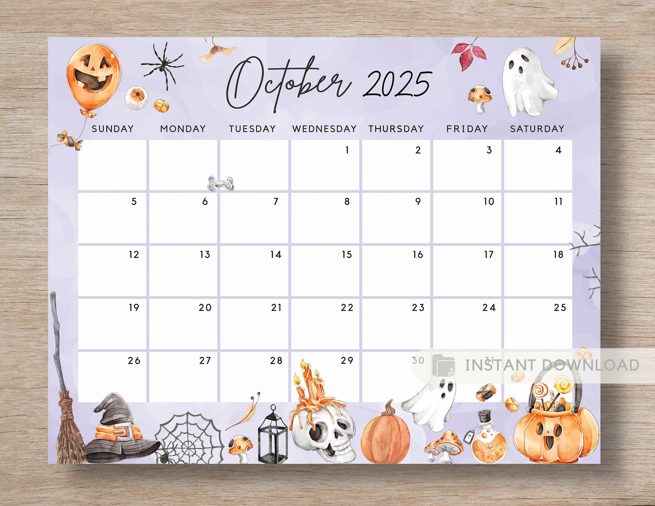 Fillable October 2025 Calendar, Halloween Fun Spooky Party Night Print