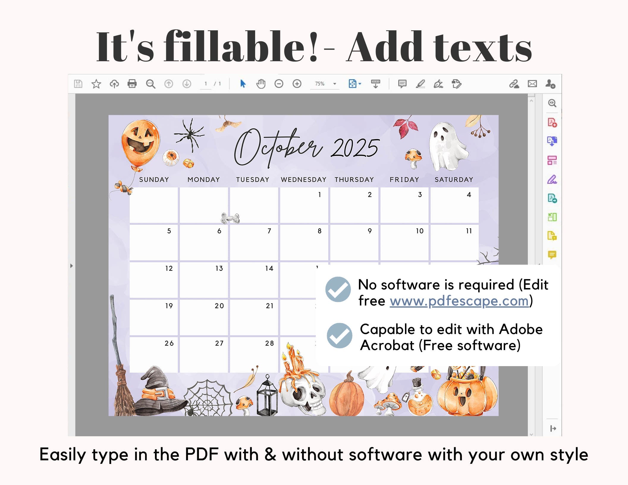 Fillable October 2025 Calendar, Halloween Fun Spooky Party Night Print – Visley Printables